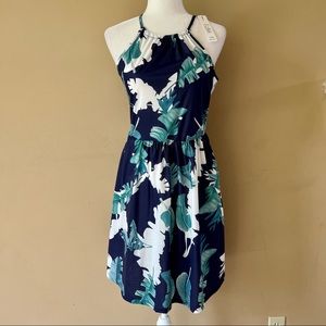 NWT New Kilig Medium Navy Blue White Green Palm Tree Dress